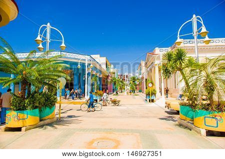 CIEGO DE AVILA, CUBA - SEPTEMBER 5, 2015: Walking boulevard with stores in Downtown of Ciego de Avila.  The city has a population of about 86, 100.