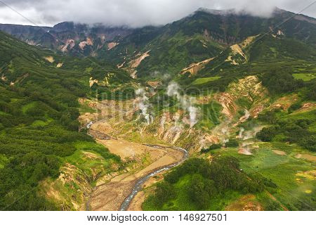 Valley of Geysers. Kronotsky Nature Reserve on Kamchatka Peninsula. View from helicopter.