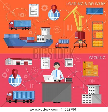 Sea port design concept set with container cargo and shipment flat design vector illustration. Cargo ship. Logistics and transportation infographic elements.