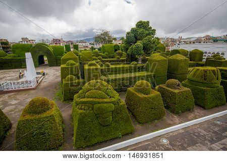 TULCAN, ECUADOR - JULY 3, 2016: nice view of the topiary garden located at the cemetery.