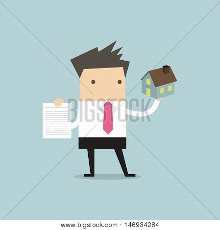 Businessman real estate agent holding house and contract