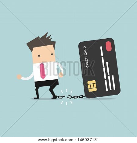 Businessman breaks free from the chain to bank credit card. Vector