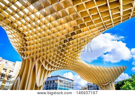SEVILLA SPAIN - 9 MAY 2016: Metropol Parasol in Plaza de la Encarnacion. J. Mayer H. architects it is made from bonded timber with a polyurethane coating.