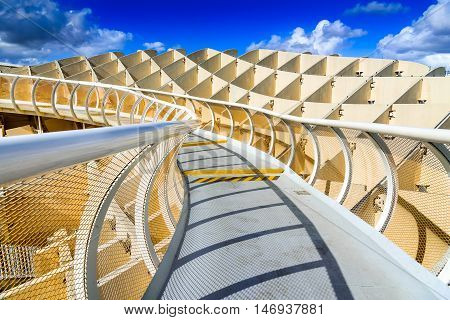SEVILLA SPAIN - 9 MAY 2016: Metropol Parasol in Plaza de la Encarnacion. J. Mayer H. architects it is made from bonded timber with a polyurethane coating.