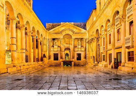 Split Croatia. Diocletian Palace peristyle in front of Cathedral of Saint Domnius bell tower.