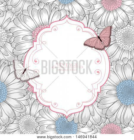 Beautiful abstract seamless hand drawn floral pattern with gerbera flowers. Vintage frame  with butterflies on a floral background  Vector illustration. Element for design.