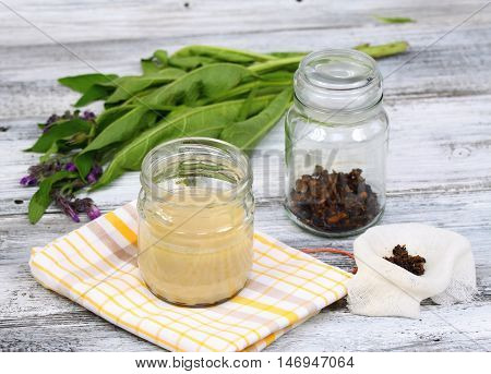 Alternative medicine filtering Comfrey ointment good for bones fresh comfrey and dried comfrey roots around