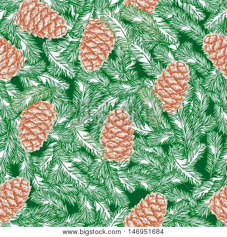 seamless pattern of pine cones and spruce branches