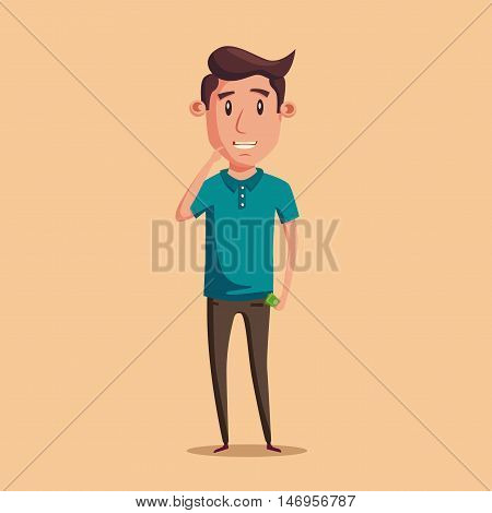 Man thinking of choice. Money for spending. Vectro cartoon illustration. Character design. Cute person. Good idea.