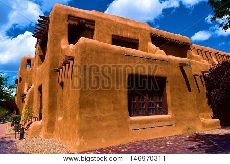 Southwestern style adobe building taken in Santa Fe, New Mexico