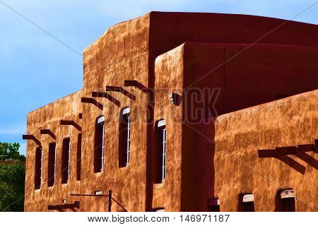 Historic southwestern adobe style building taken in Santa Fe, NM