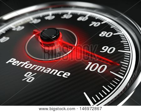 Performance level meter with arrow on 100%, 3d render