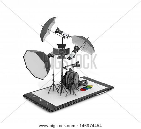 Concept photo studio photographic equipment placed on smartphone displays. 3D illustration