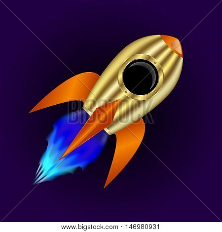 Gold rocket flying on a dark background
