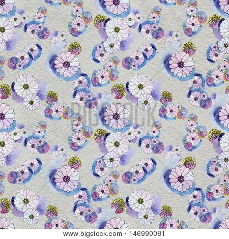 Seamless floral pattern with asters and daisy flowers. Floral watercolor background.
