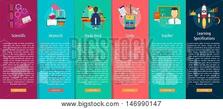 Education and Science Vertical Banner Concept | Set of great vertical banner flat design illustration concepts for education, science, analysis, knowledge, learning, event and much more.