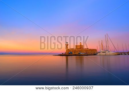 Windmills at Mandraki Harbour in Rhodes island Greece
