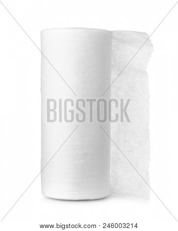 Rolled disposable nonwoven fabric towels isolated on white