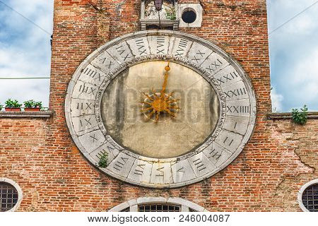Venice, Italy - April 29: Clocktower Of San Giacomo Di Rialto Church In San Polo District Of Venice,