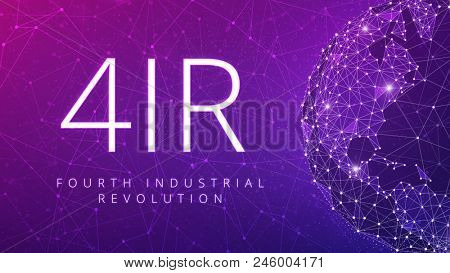 4IR fourth industrial revolution on the ultraviolet background of polygon world map globe with blockchain technology peer to peer network. Fourth industrial revolution business banner concept.