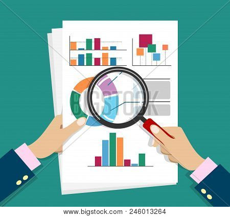 Report Documents Research. Office Business Documents Results Analysis, Businessman Hand Holding Magn