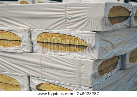 The Texture Of Mineral Wool For Insulating The Walls. Warehouse Of Products Ready For Import