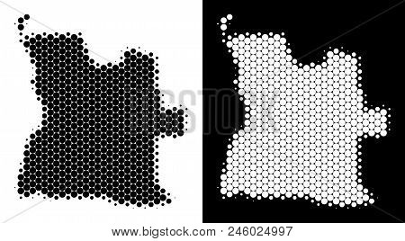 Pixel Halftone Angola Map. Vector Geographic Plan On White And Black Backgrounds. Abstract Compositi