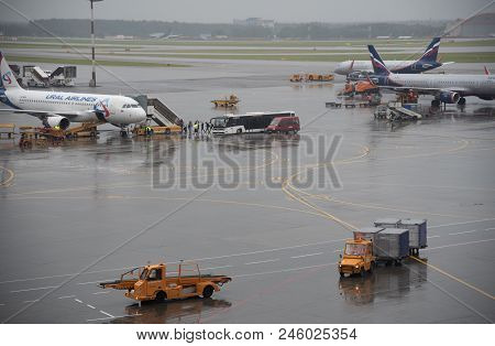 Moscow, Russia- June 12 2018: Airplanes On The Runway At Terminal D Of Sheremetyevo International Ai