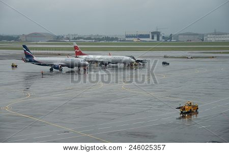 Moscow, Russia- June 12 2018: Airplanes On The Runway At Terminal D Of Sheremetyevo International Ai