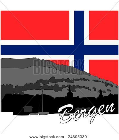 Silhouette Of The City Bergen With The Flag In The Background