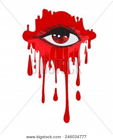 Vector Beautiful Illustration With A Blood Crying Eye. Women's Watery Eyes. Eyes With Blood Flowing 