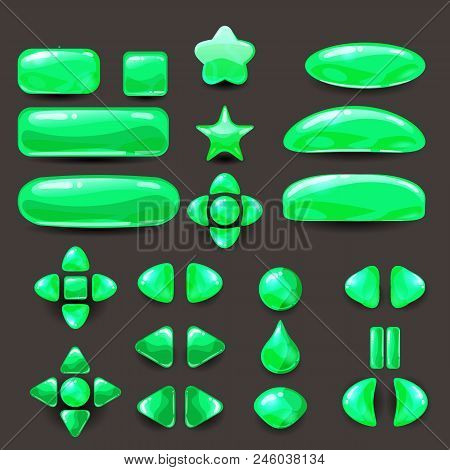 Game Ui Set. Complete Green Menu Of Graphical User Interface Gui To Build 2d Games. Casual Game. Vec