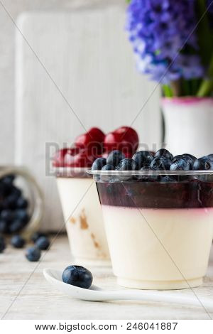 Italian Dessert Pana Cota With Berry Jam And Fresh Blueberries