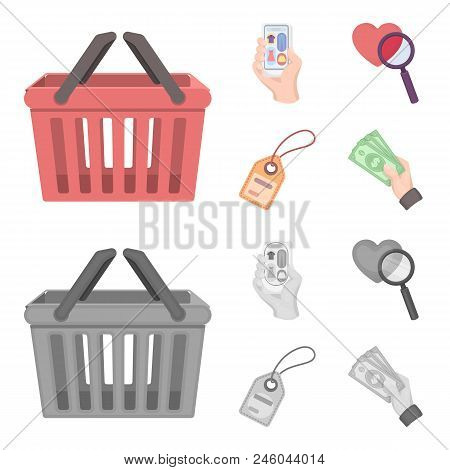 Hand, Mobile Phone, Online Store And Other Equipment. E Commerce Set Collection Icons In Cartoon, Mo