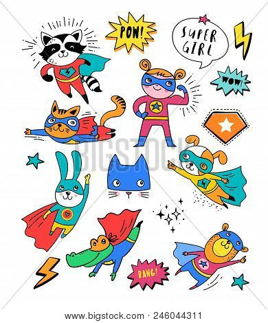 Superhero Cute Hand Drawn Animals, Cat, Dog, Panda, Bear And Crocodile Vector Characters