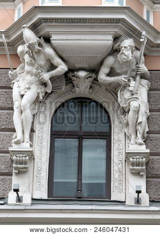 20. June 2018 Riga, Latvia .art Nouveau Building Facade Fragment  Elizabetes 22  Street  Riga Latvia