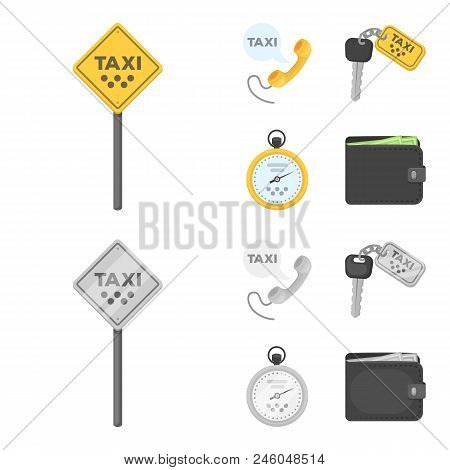 Handset With The Inscription Of A Taxi, Car Keys With A Key Fob, A Stopwatch With A Fare, A Purse Wi
