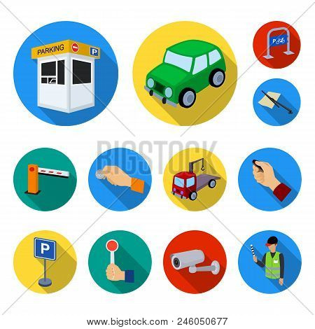 Parking For Cars Flat Icons In Set Collection For Design. Equipment And Service Vector Symbol Stock 
