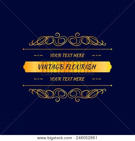 Vector Flourish Frame Template, Golden Border On Dark Blue Background, Vintage Decor.