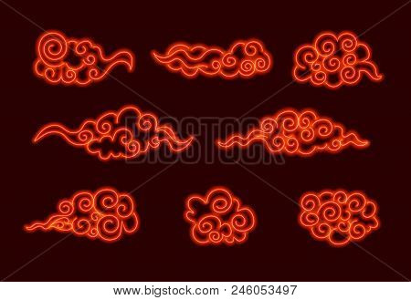 Vector Neon Oriental Clouds, Glowing Illustrations Set On Dark Background, Oriental Clouds.