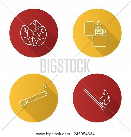 Smoking Flat Linear Long Shadow Icons Set. Tobacco Leaves, Flip Lighter, Cigar, Burning Matchstick. 