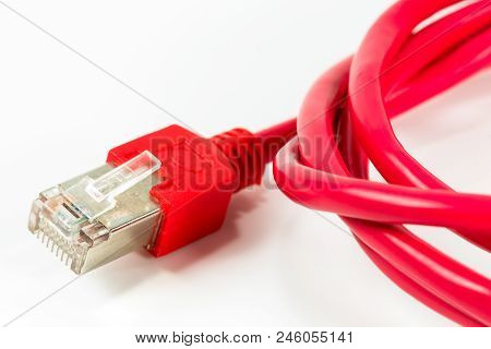 Red Patch Cable With Rj45 Connector Isolated On White Background