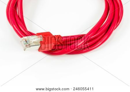 Red Patch Cable With Rj45 Connector Isolated On White Background