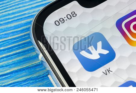Sankt-petersburg, Russia, June 20, 2018: Vkontakte Application Icon On Apple Iphone X Screen Close-u