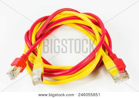 Red And Yellow Patch Cables With Rj45 Connector Isolated On White Background