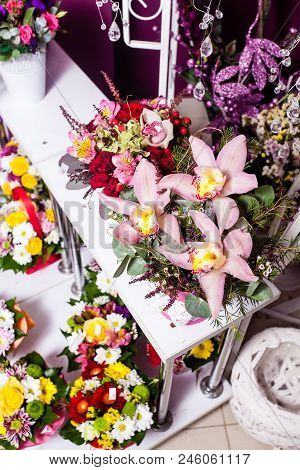 Close-up Beautiful Lovely Bouquets Of Mixed Flowers In Shop, Top View