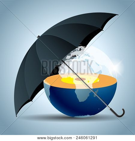 The Earth Is Under An Umbrella, Isolated Over White Background.