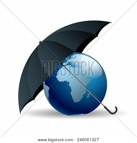 The Earth Is Under An Umbrella, Isolated Over White Background.