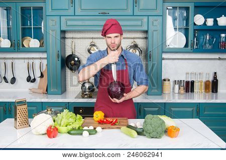 Professional Cook. Chef Teaches How Quickly Chop Vegetables. Chop Food Safely And Efficiently, Ensur