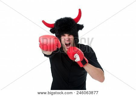 Aggression And Masculinity. Man Horns As Devil Or Bull Aggressive Threaten Violence Gonna Punch You.
